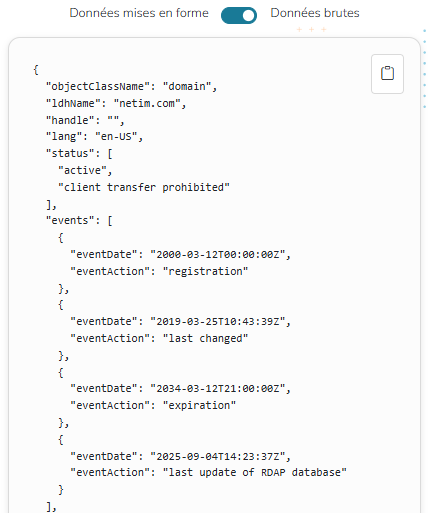 Résultat de requête RDAP au format brut JSON