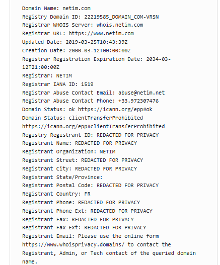 Résultat de requête WHOIS